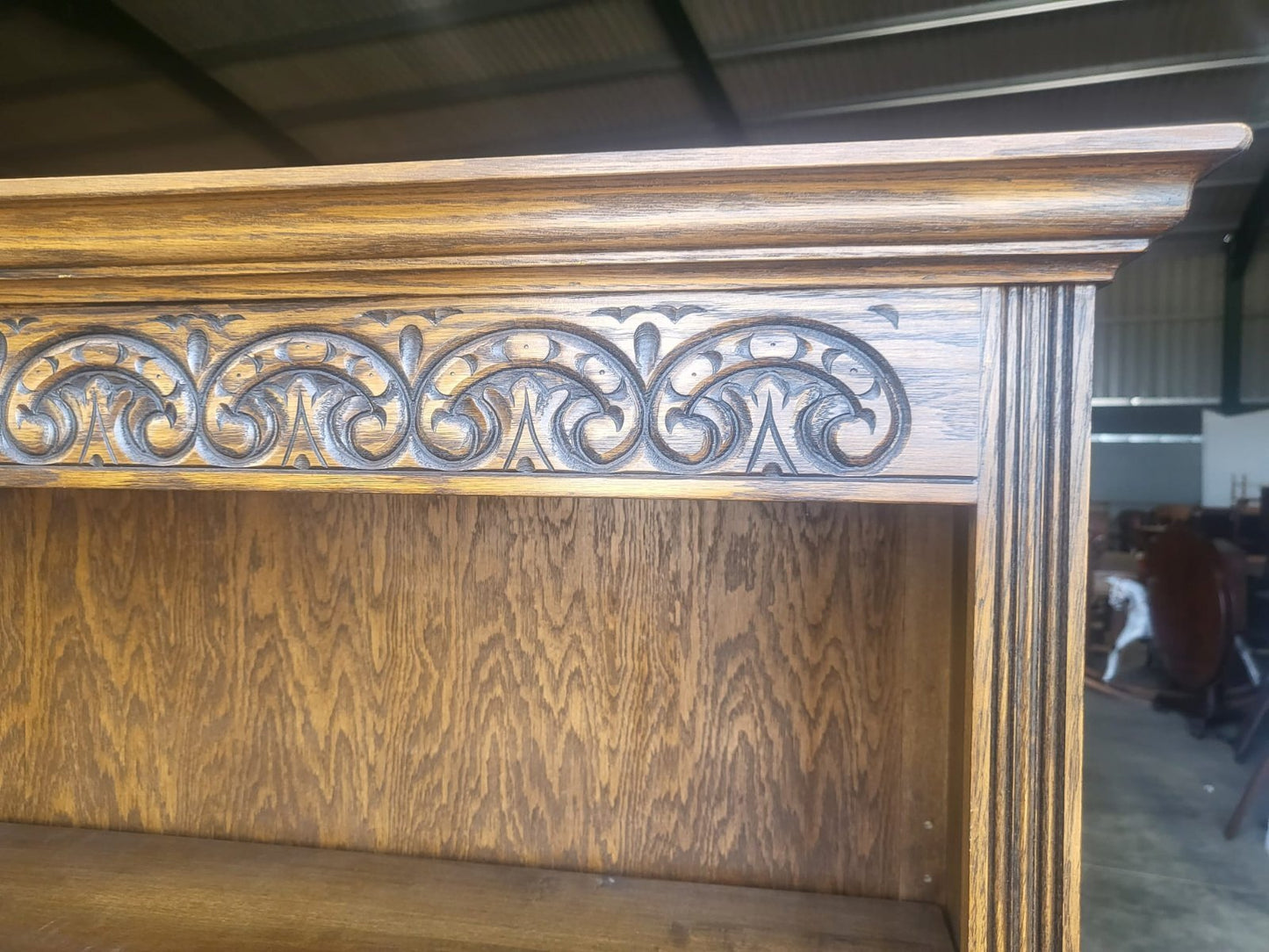 Antique dark oak tall open bookcase adjustable shelves old charm