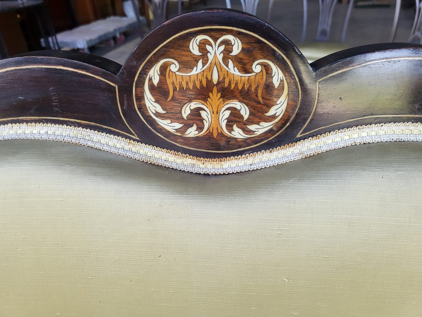 Antique Edwardian small silk parlour sofa cabriole legs castors