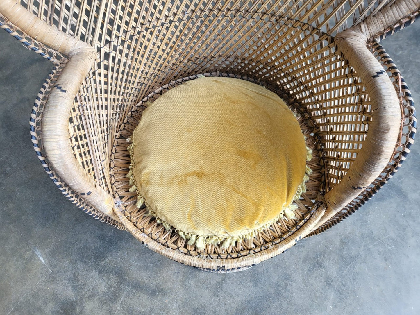 Vintage cane wicker round high back peacock arm chair