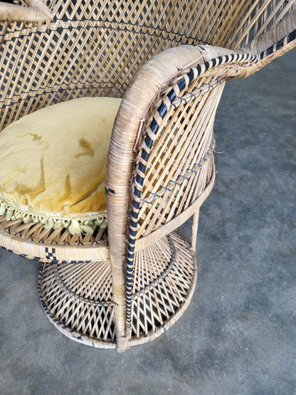 Vintage cane wicker round high back peacock arm chair