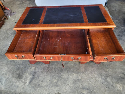Antique repro small twin pedestal desk drawers cupboard leather top