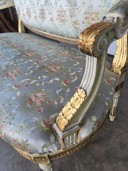 Antique Victorian French wood frame parlour sofa gold silk floral