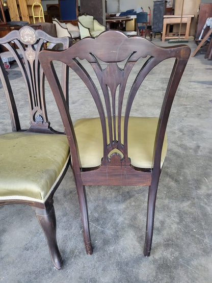 Four Antique Edwardian silk inlaid dining chairs cabriole legs sprung