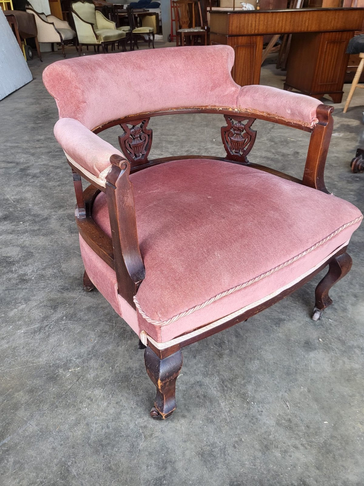 Antique Victorian open bedroom tub chair cabriole legs castors