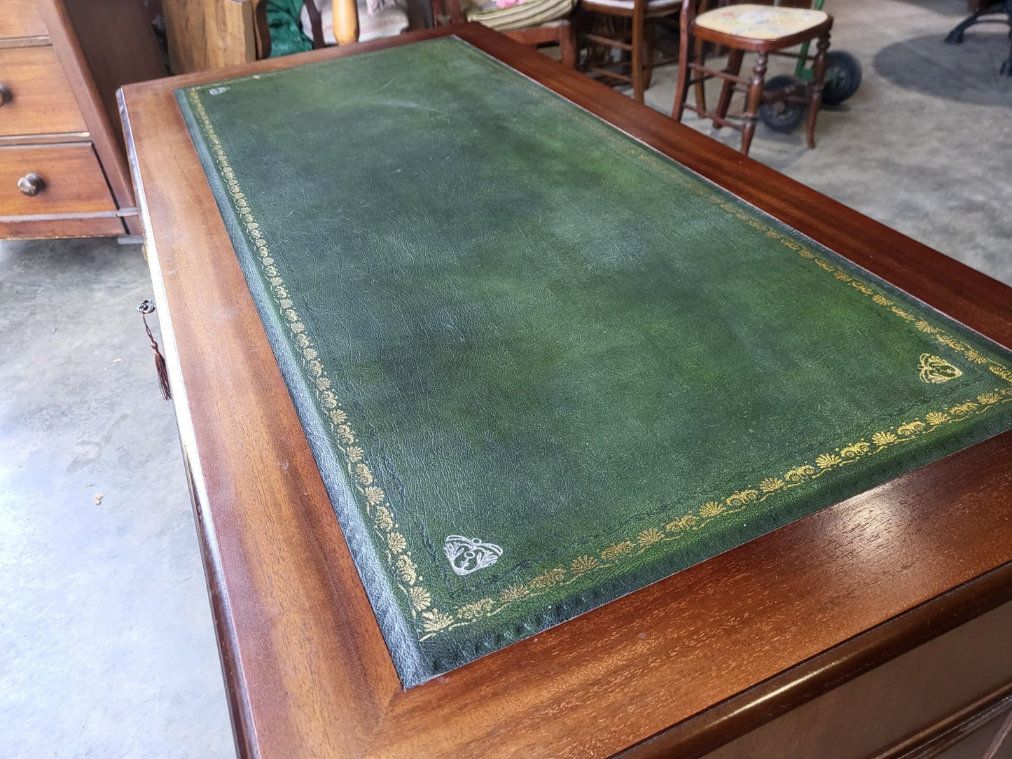 Antique repro small twin pedestal writing desk leather top drawers