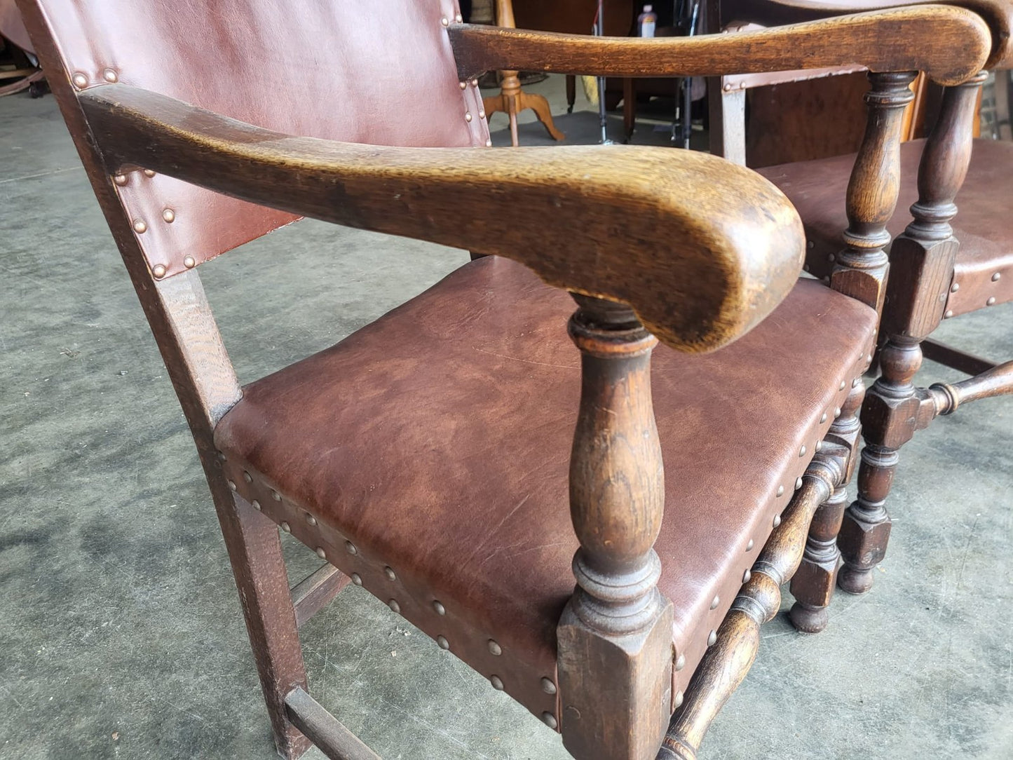 Pair vintage two oak carver open dining armchairs pu leather