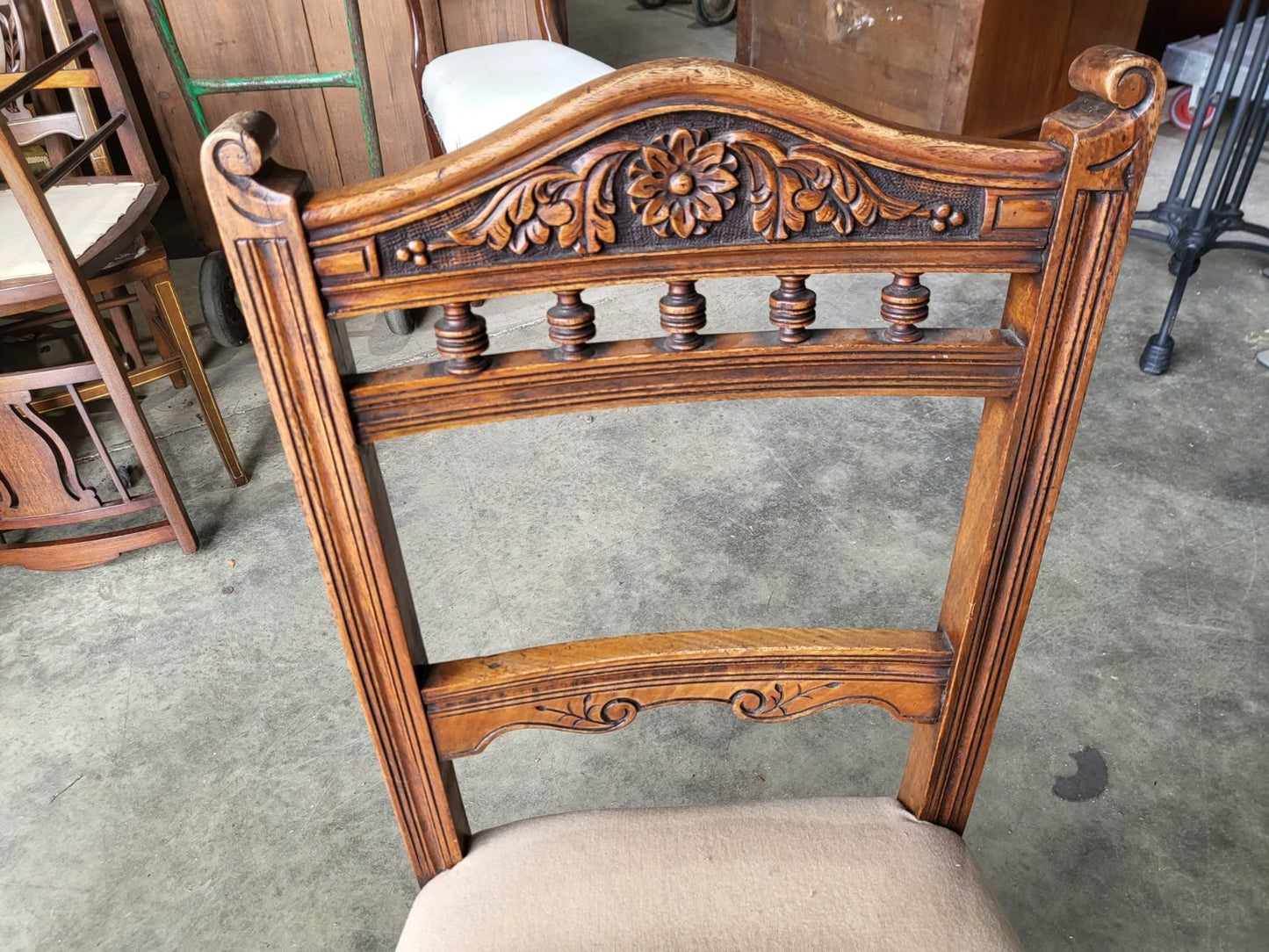 Six antique Victorian mixed dining chairs cream seats