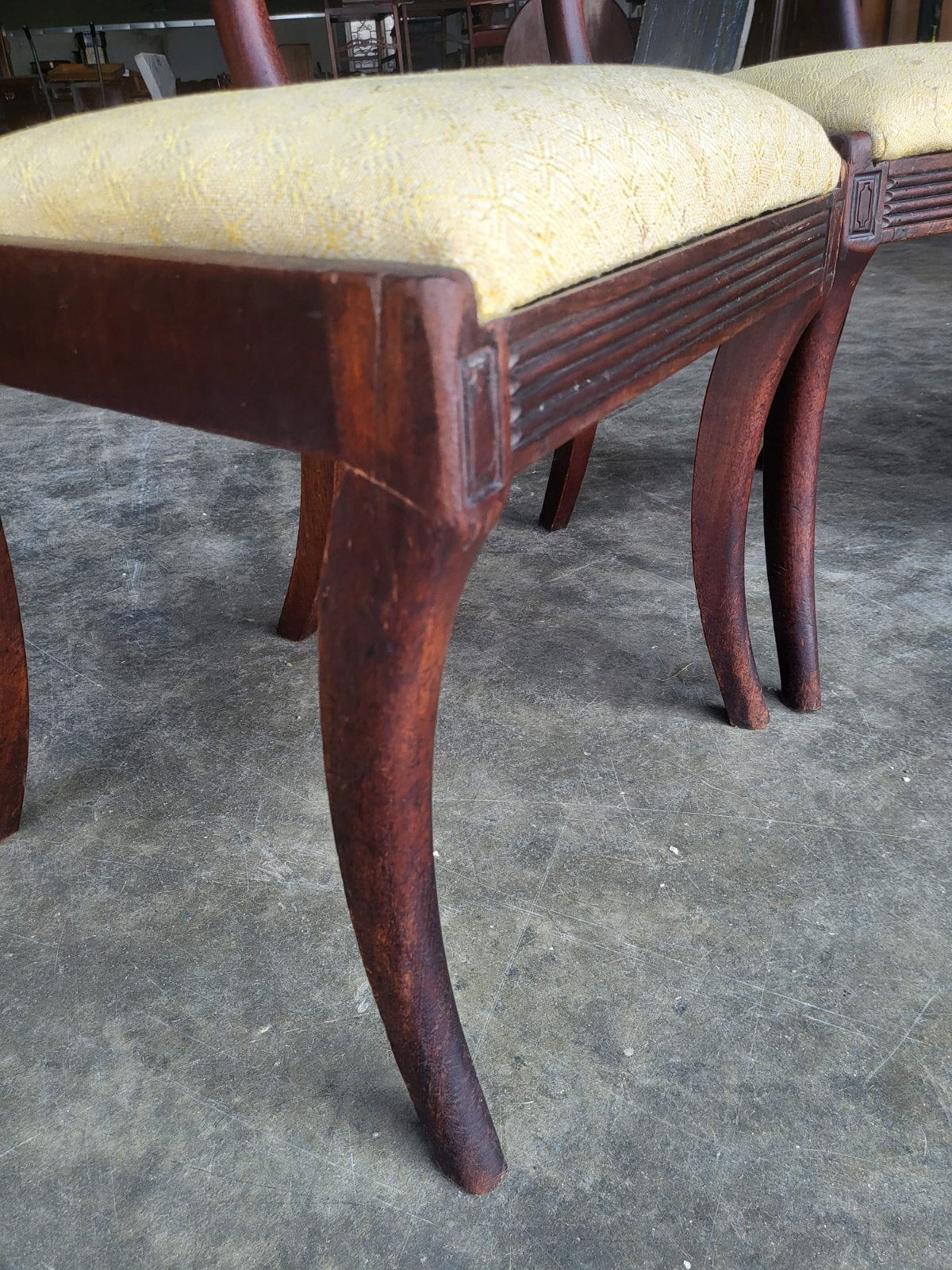 Four small antique Georgian dining chairs sabre leg