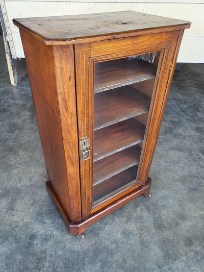 Antique Edwardian inlaid small glazed bookcase music cabinet shelves