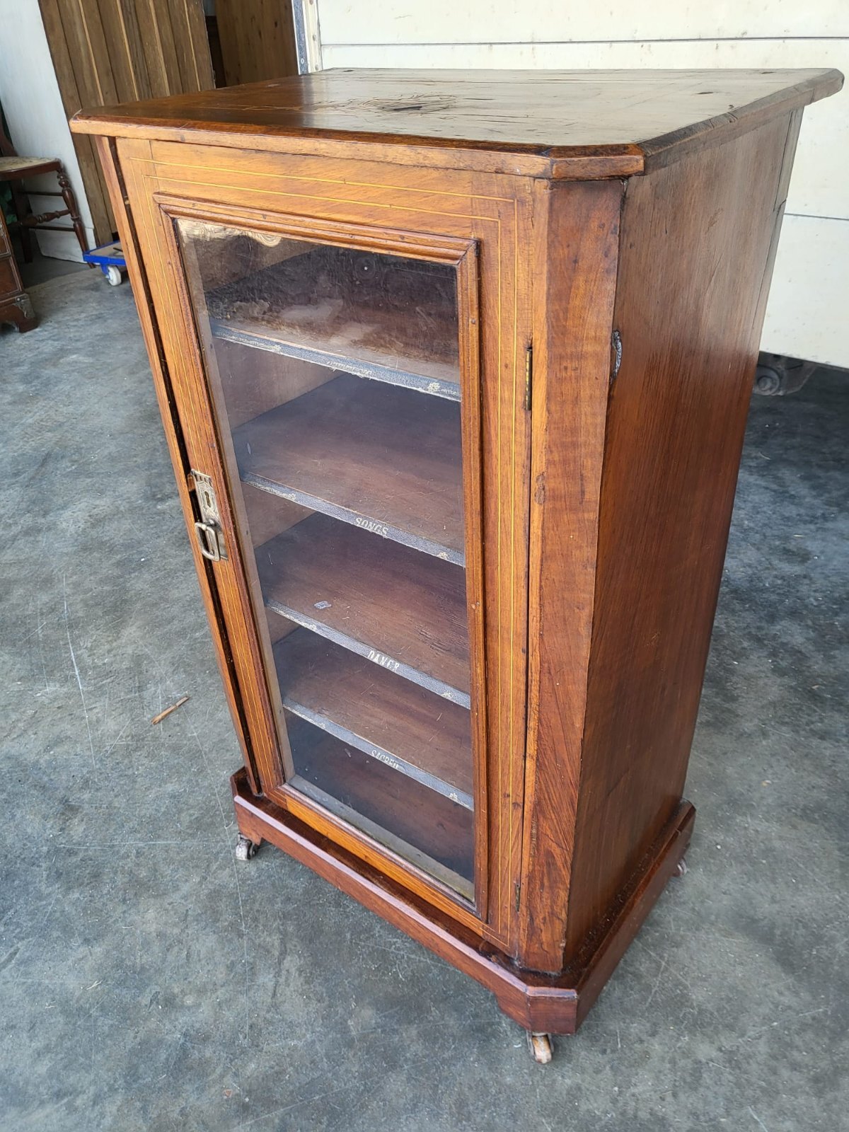 Antique Edwardian inlaid small glazed bookcase music cabinet shelves