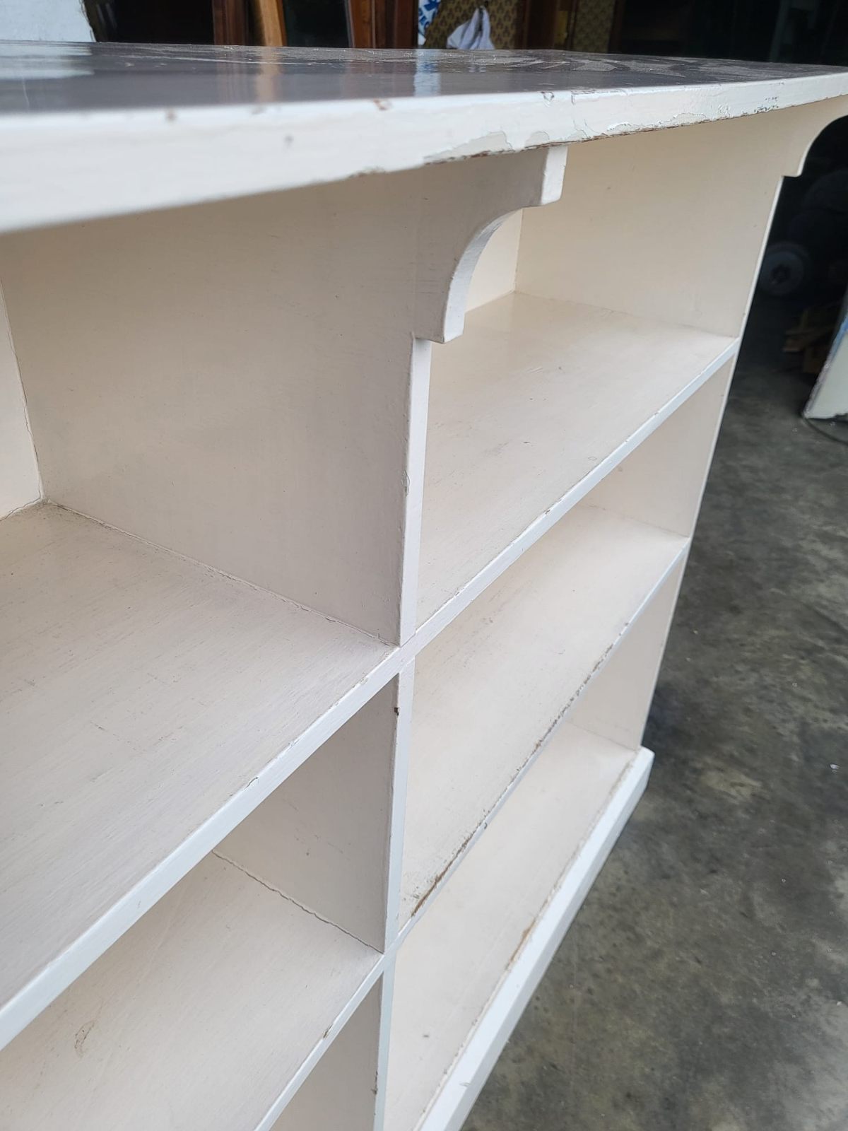 Vintage large low painted white open bookcase six shelves