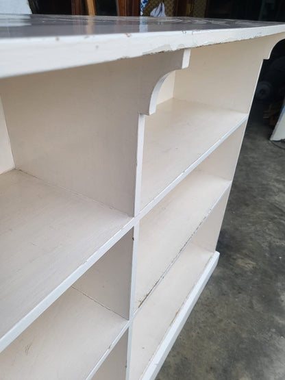 Vintage large low painted white open bookcase six shelves