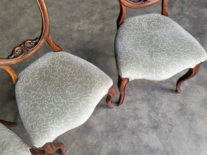 Four green antique Victorian balloon back dining chairs cabriole legs
