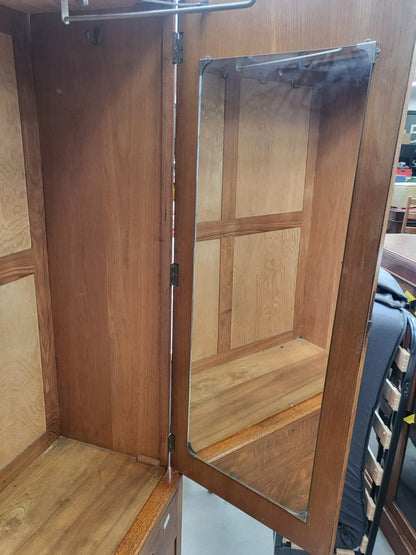 Vintage 1930's oak small wardrobe two drawers bun feet mirror