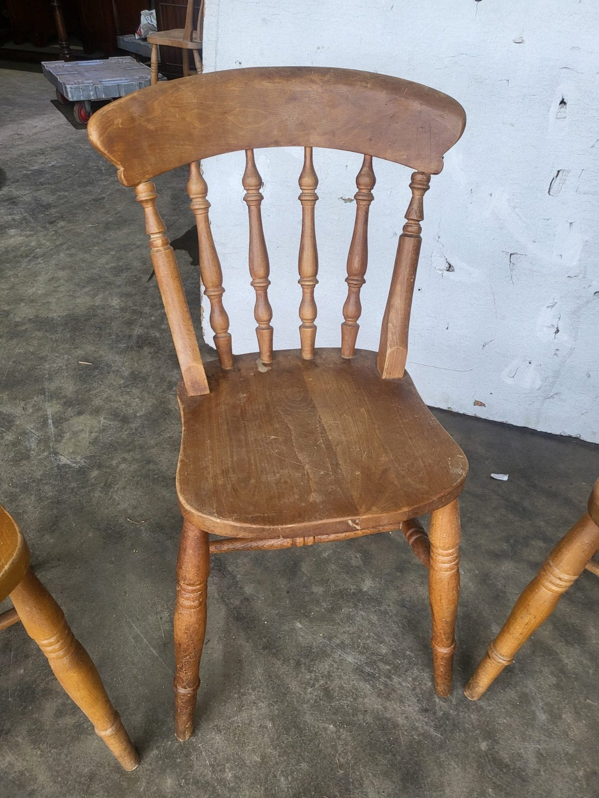 Four beech wooden stick back kitchen country dining chairs