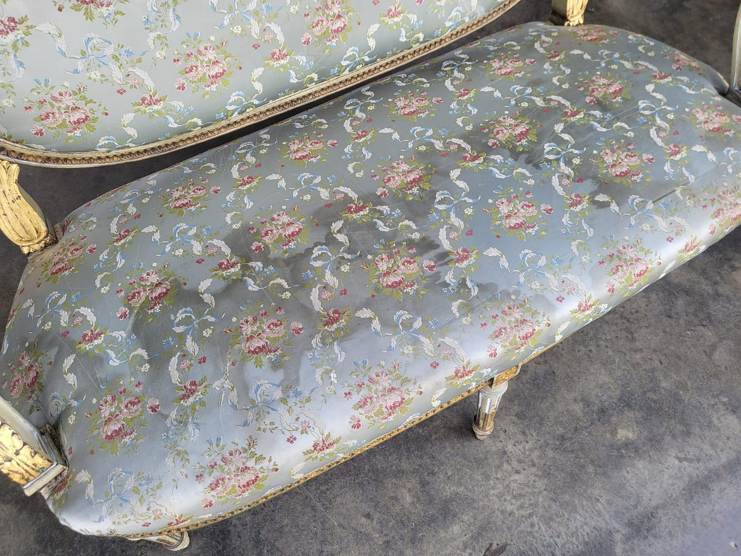 Antique Victorian French wood frame parlour sofa gold silk floral