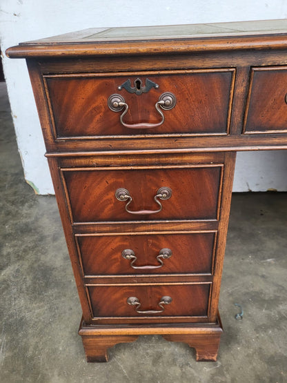 Antique repro small twin pedestal writing desk leather top 8 drawers