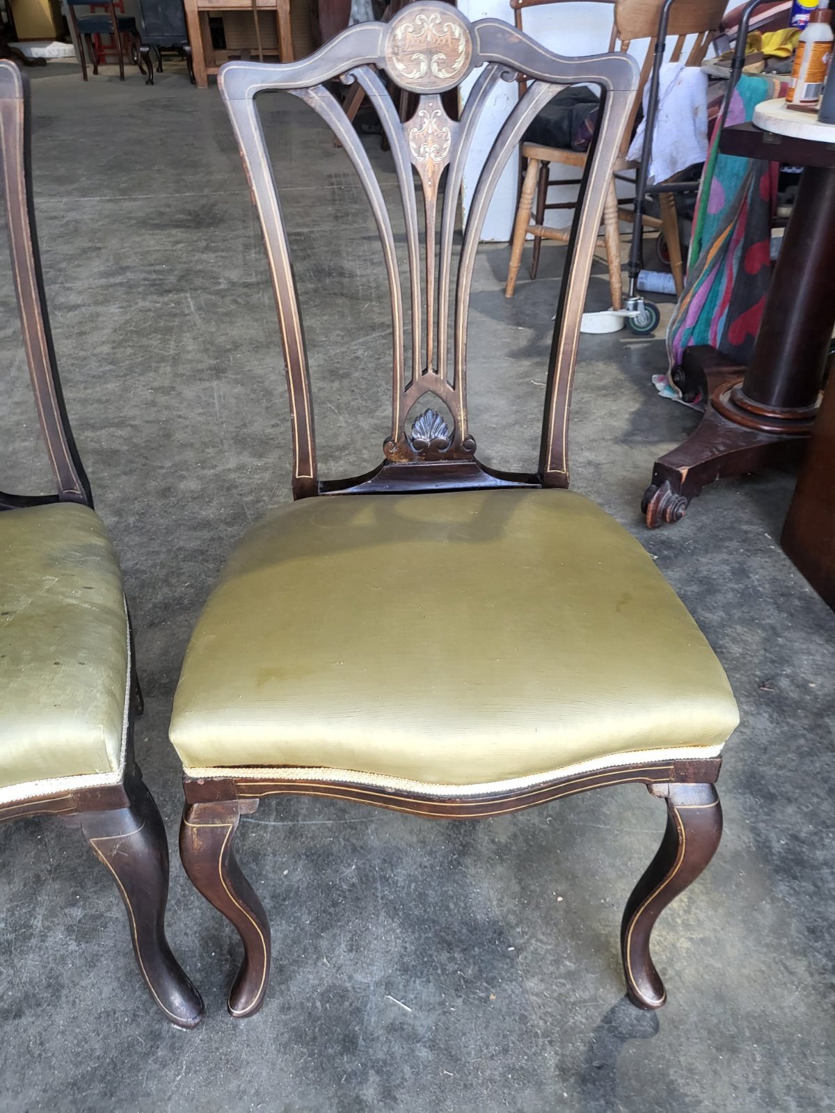 Four Antique Edwardian silk inlaid dining chairs cabriole legs sprung