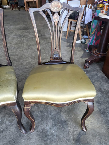 Four Antique Edwardian silk inlaid dining chairs cabriole legs sprung