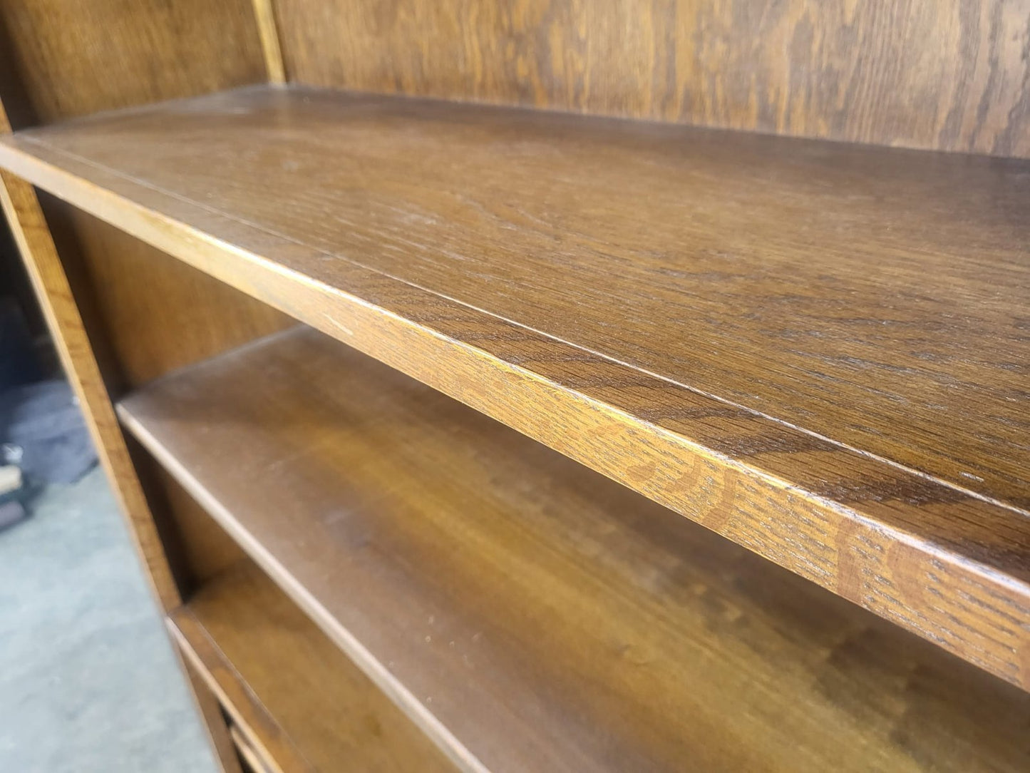 Antique dark oak tall open bookcase adjustable shelves old charm