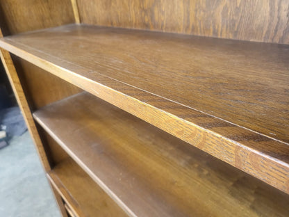 Antique dark oak tall open bookcase adjustable shelves old charm