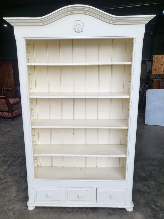 Large white open bookcase adjustable shelves 3 drawers cornice