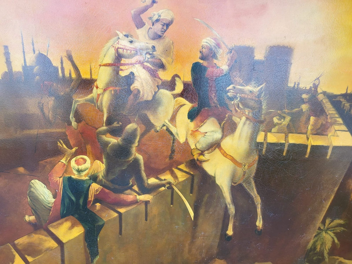 Very large painting oleograph canvas Arab Turkish Fort