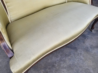 Antique Edwardian small silk parlour sofa cabriole legs castors