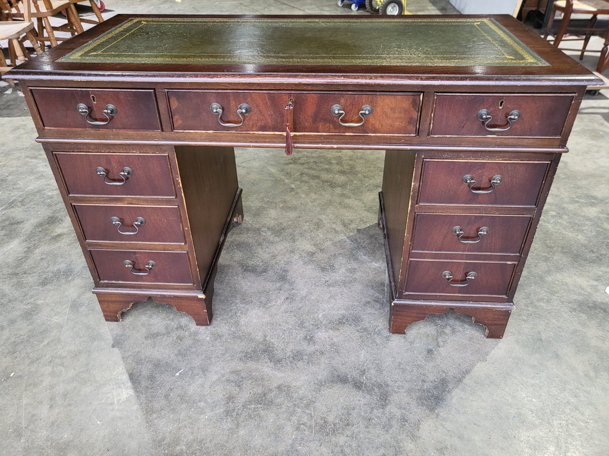 Antique repro small twin pedestal writing desk leather top