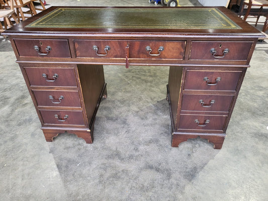 Antique repro small twin pedestal writing desk leather top