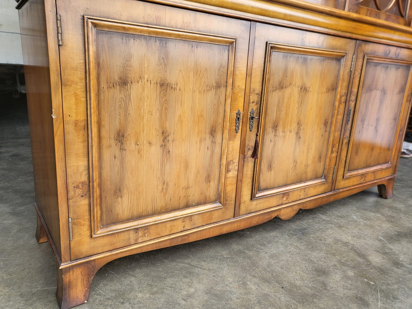 Antique repro large Yew 3 door glazed bookcase display cabinet cupboard shelves