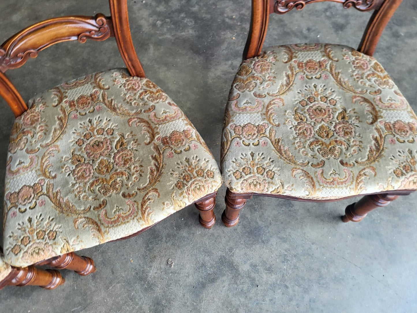 Four antique Victorian balloon back dining chairs floral seats