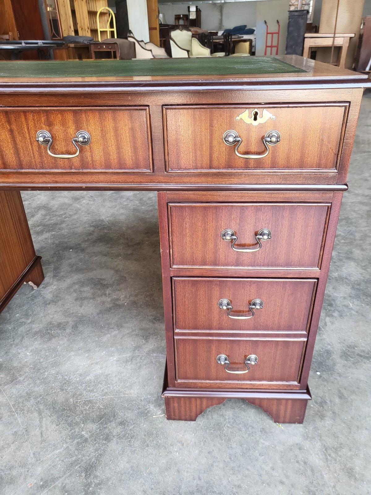 Antique repro small twin pedestal writing desk leather top drawers