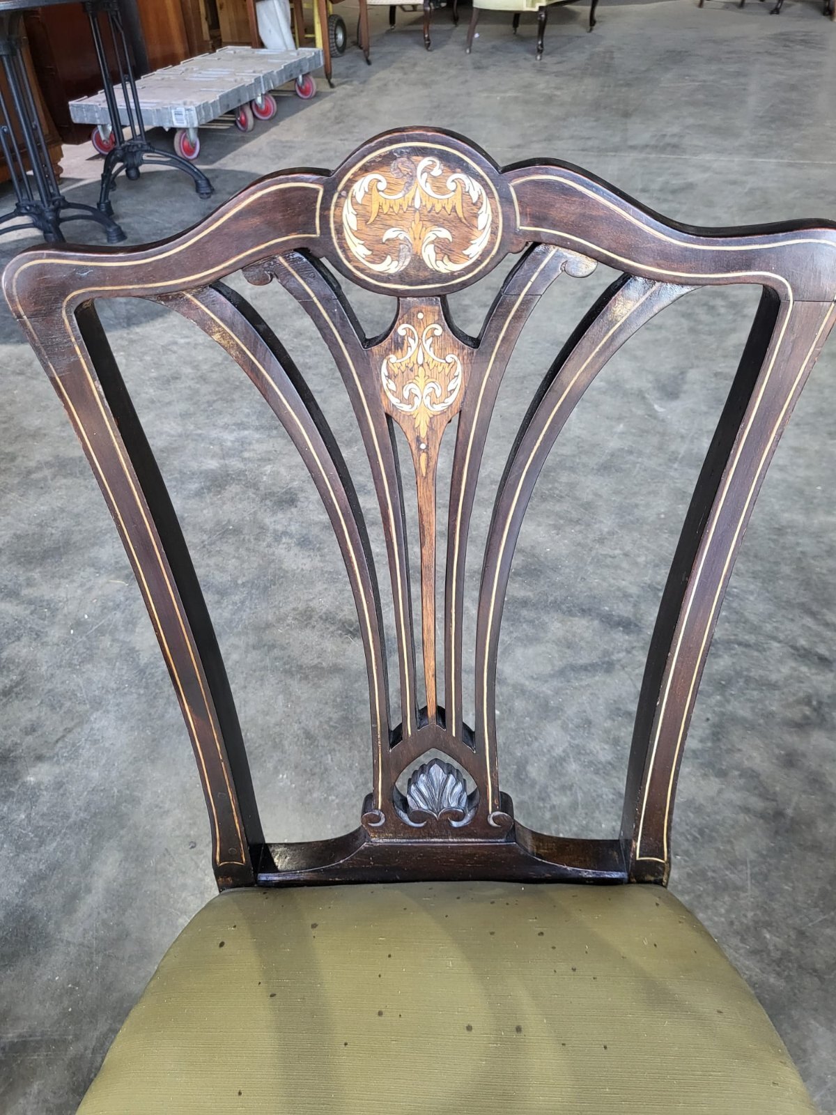 Four Antique Edwardian silk inlaid dining chairs cabriole legs sprung