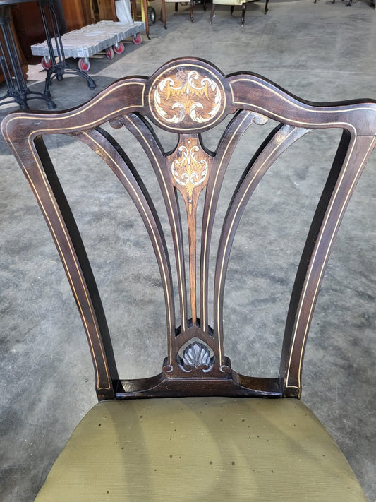 Four Antique Edwardian silk inlaid dining chairs cabriole legs sprung