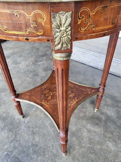 Antique Louis marquetry round 2 tier side end table brass Ormolu