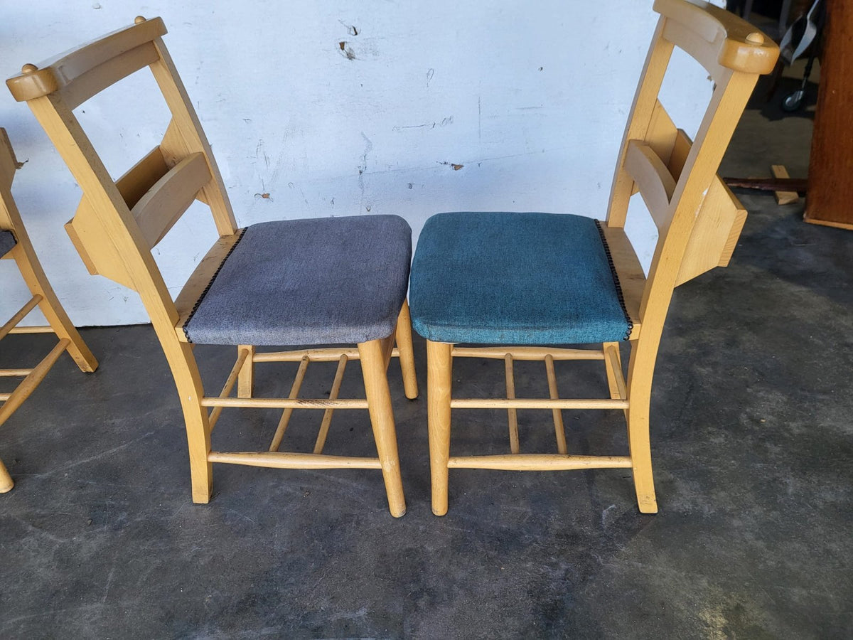 Four small beech church chapel dining chairs upholstered