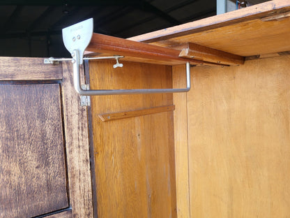 Vintage small oak panelled gentleman's wardrobe shelves drawer