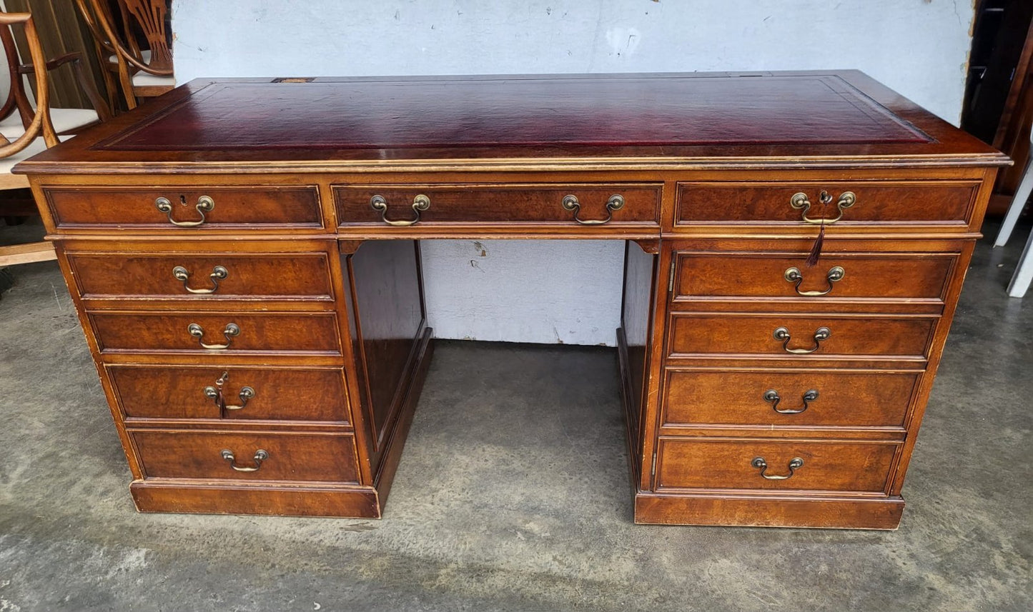 Antique repro large twin pedestal office desk leather top drawers filing