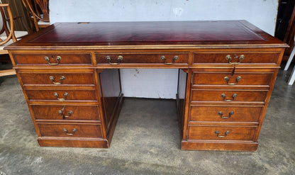 Antique repro large twin pedestal office desk leather top drawers filing