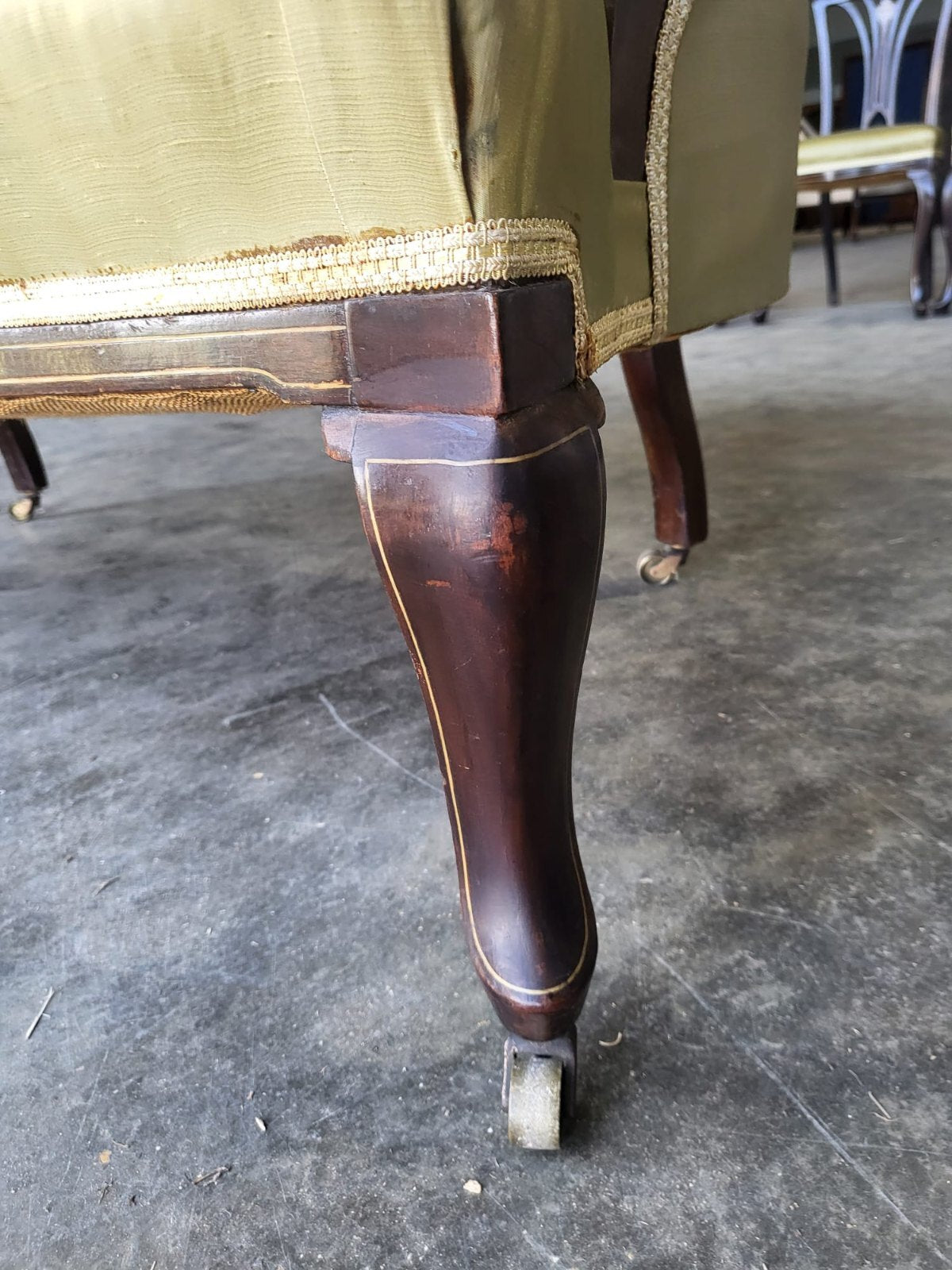 Antique Edwardian small silk parlour sofa cabriole legs castors