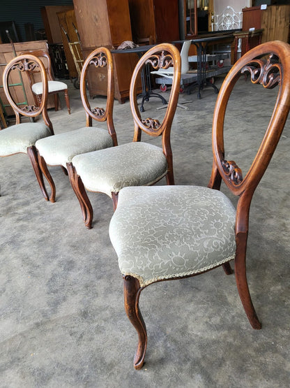 Four green antique Victorian balloon back dining chairs cabriole legs