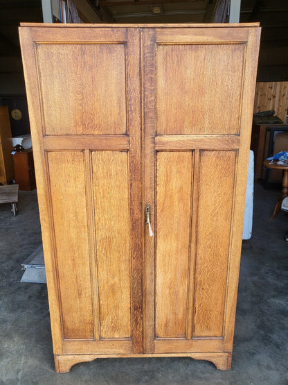 Vintage small oak panelled gentleman's wardrobe shelves drawer