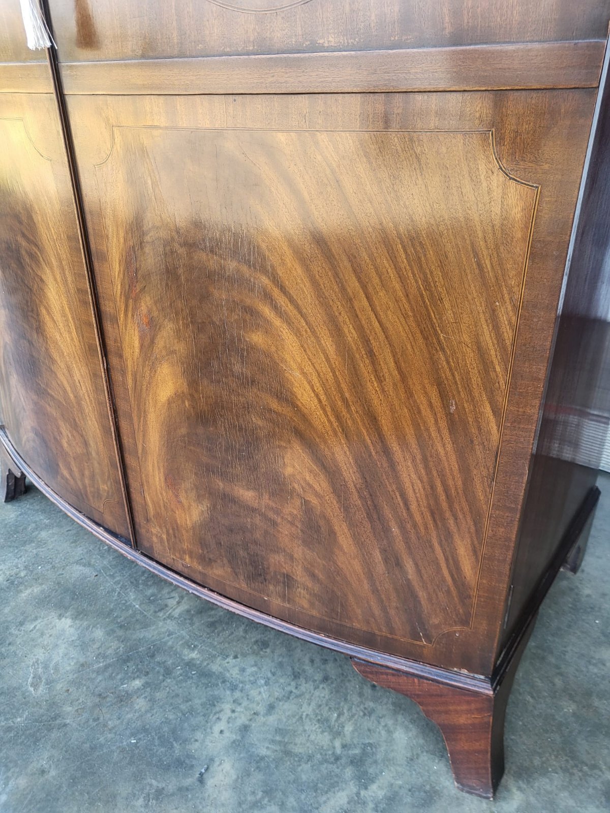 Antique mahogany bow front inlaid 2 x door wardrobe splayed legs