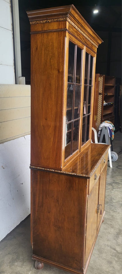 Antique Edwardian glazed bookcase cabinet drawers cupboard shelves