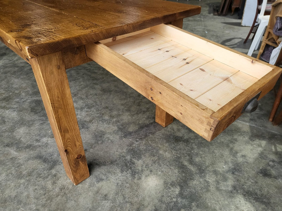 Large rustic pine dining table seat 10 two drawers square legs