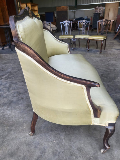 Antique Edwardian small silk parlour sofa cabriole legs castors
