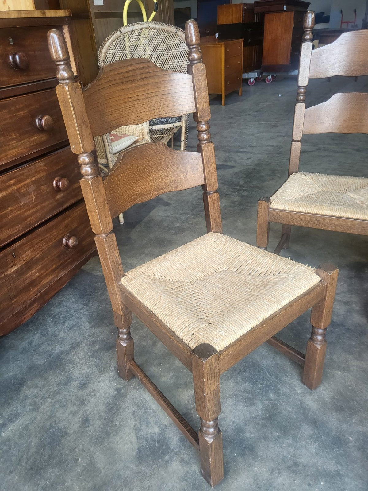 Six rush seat bar back dining chairs cottage style