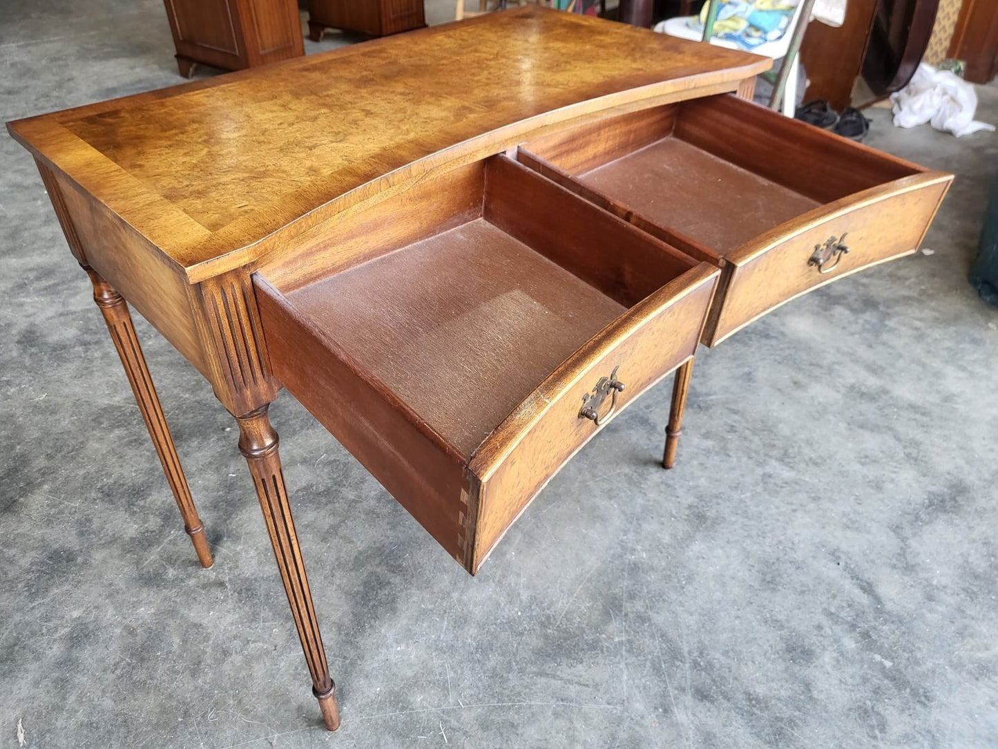 Antique repro walnut convex hall side serving table 2 drawers