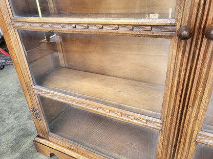 Vintage oak carved 2 door glazed low bookcase cabinet
